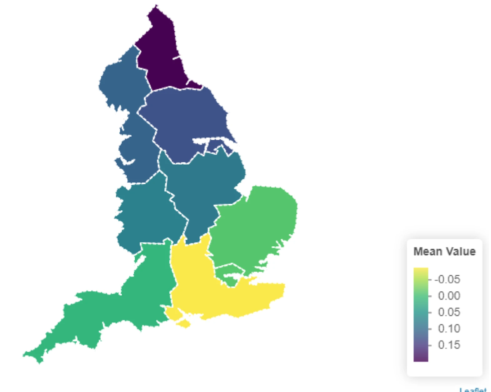 Geographic distribution of social exclusion in England, darker colour indicates higher levels of social exclusion